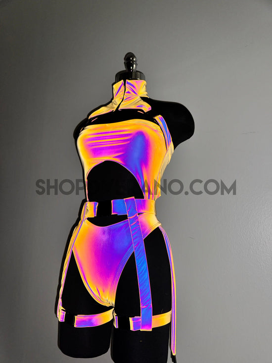 Reflective Dakota Rave Set, Iridescent Rave outfit, Reflective Bodysui ...