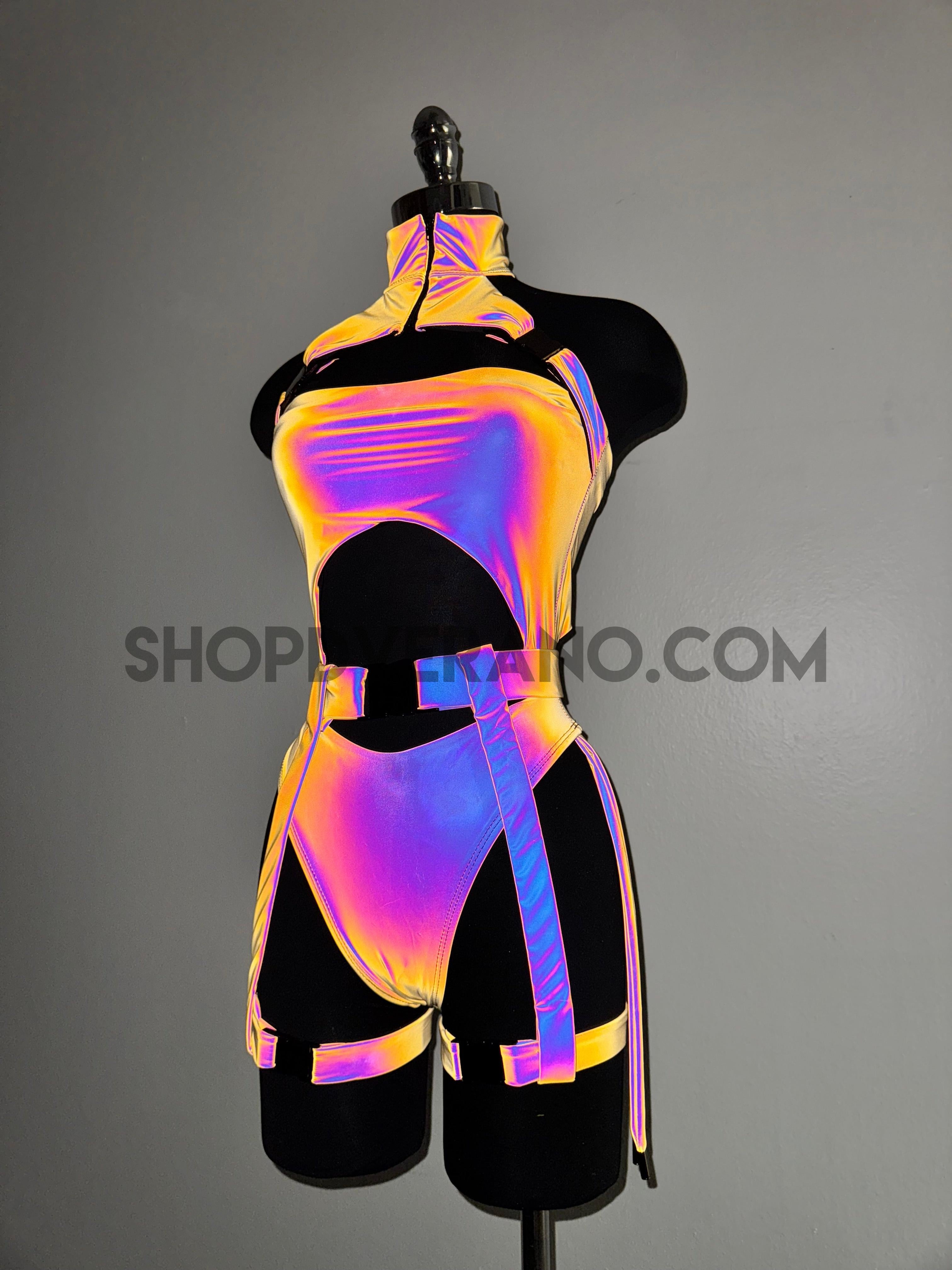 Reflective Dakota Rave Set, Iridescent Rave outfit, Reflective Bodysui ...