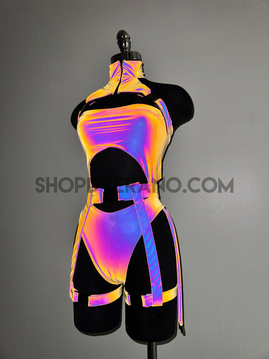 Reflective Dakota Rave Set, Iridescent Rave outfit, Reflective Bodysuit, Plus Size Rave Set, Festival Outfit, Rave Bodysuit, Rave Clothing