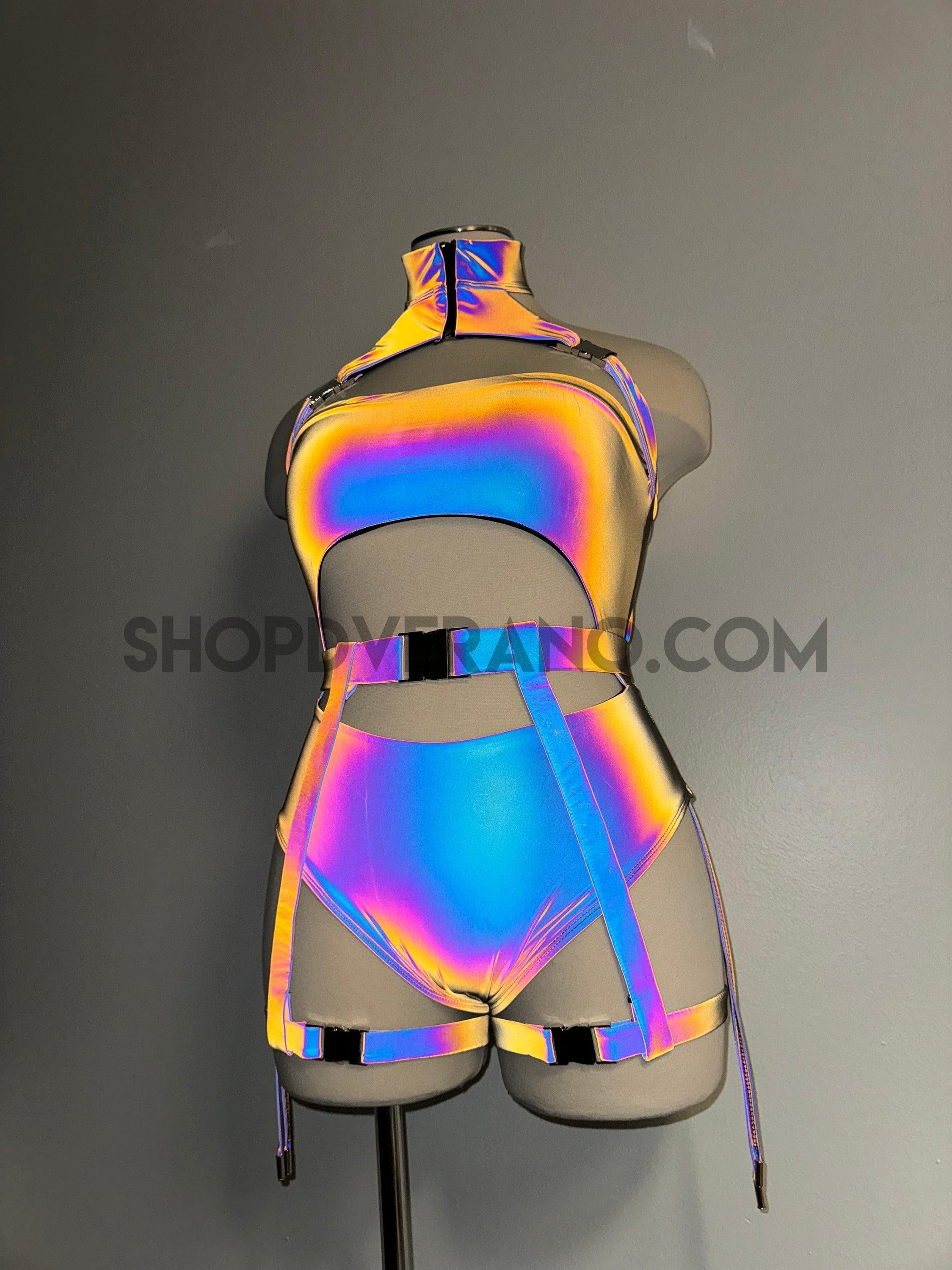 Reflective Dakota Rave Set Iridescent Rave outfit Reflective Bodysui DVERANO