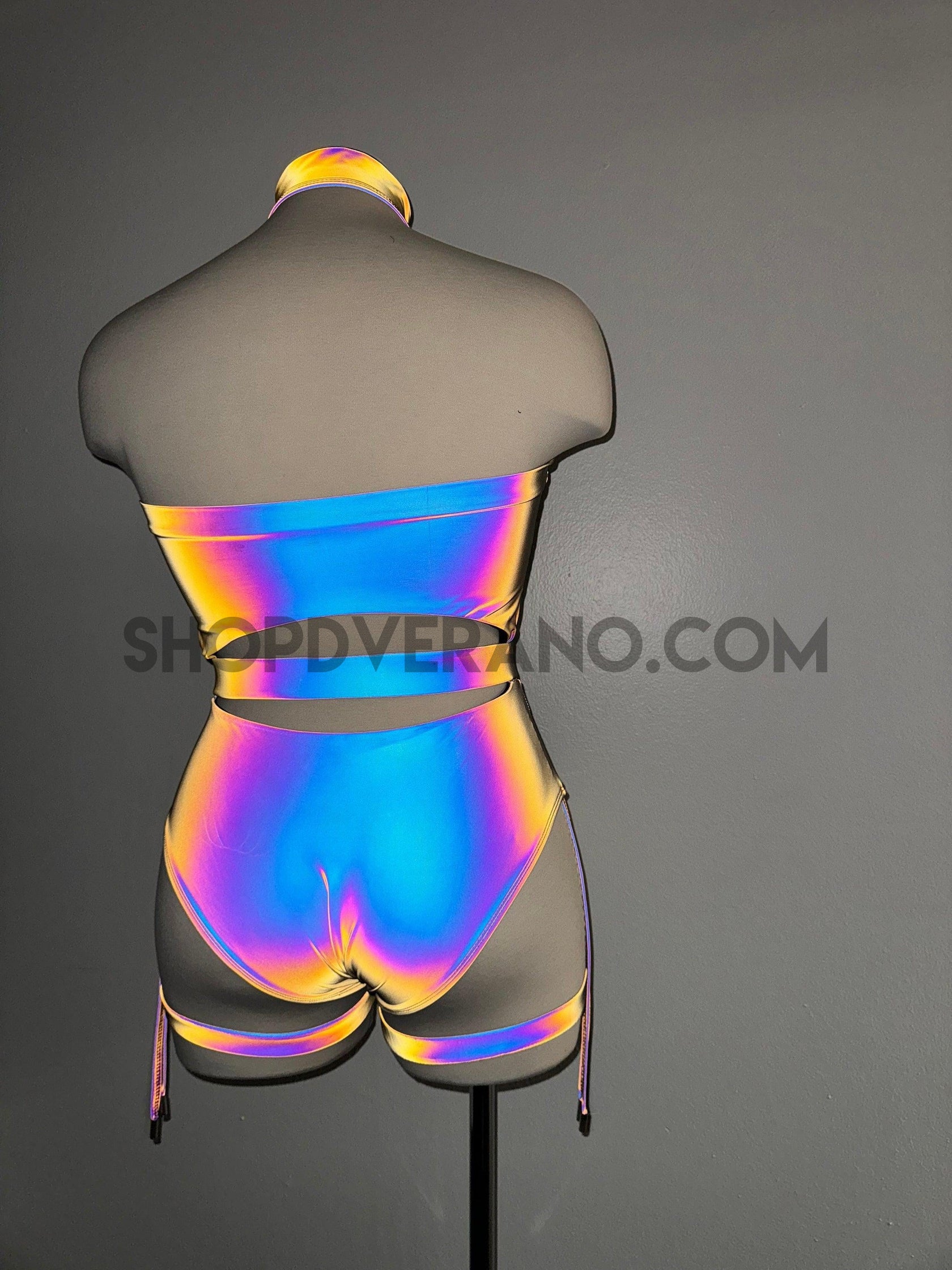 Reflective Dakota Rave Set, Iridescent Rave outfit, Reflective Bodysui ...