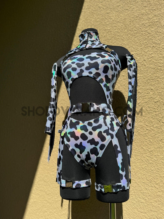 Rodeo Rave Set, Cow Print Rave Outfit, Cowgirl Rave Outfit, Cowprint Rave Set, Holographic Cow Print Outfit