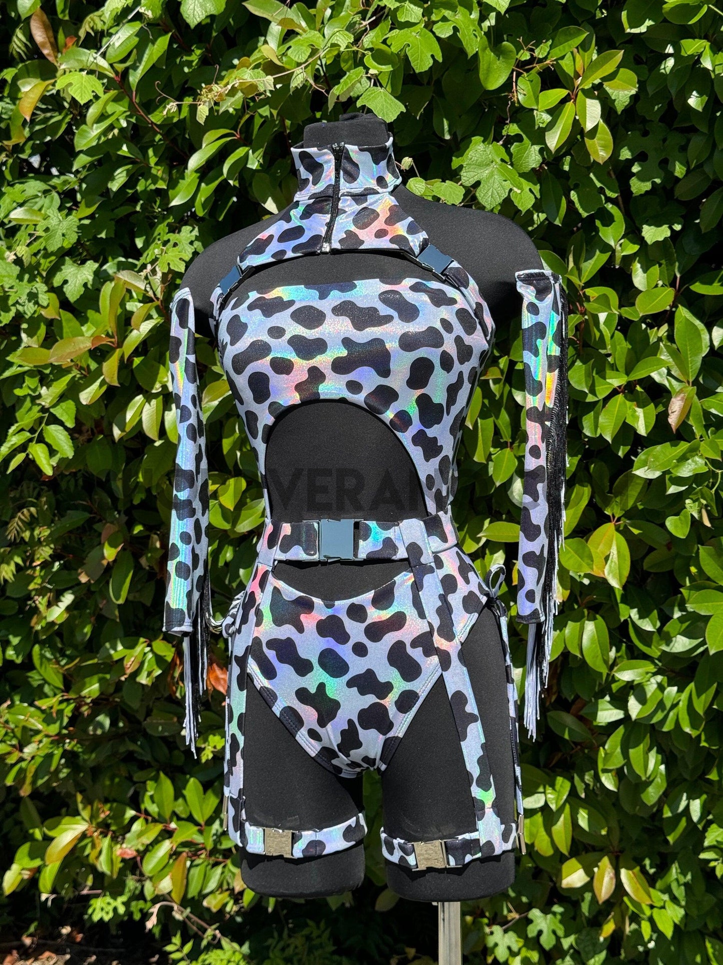 Rodeo Rave Set, Cow Print Rave Outfit, Cowgirl Rave Outfit, Cowprint Rave Set, Holographic Cow Print Outfit