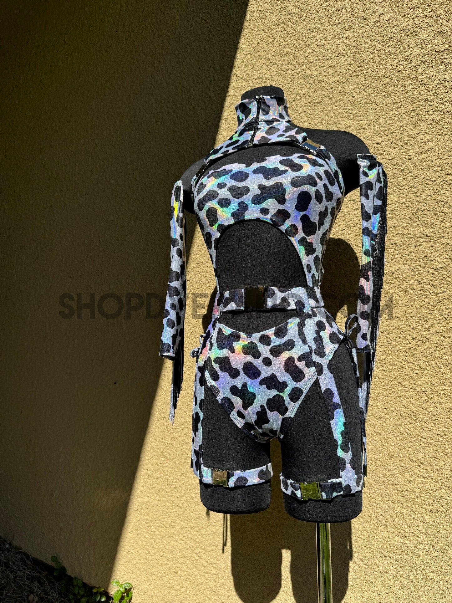 Rodeo Rave Set, Cow Print Rave Outfit, Cowgirl Rave Outfit, Cowprint Rave Set, Holographic Cow Print Outfit