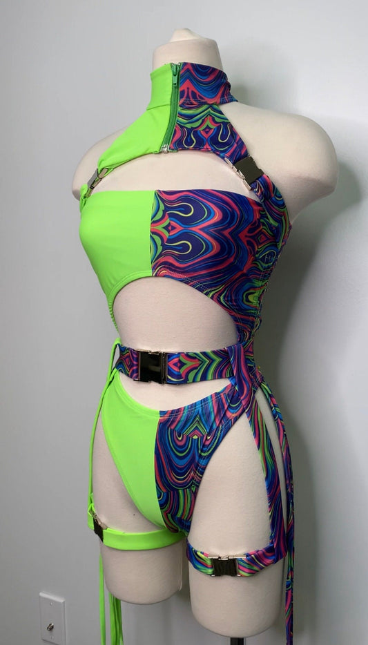 Festival Rave Women Clothing, Trippy Neon Rave Outfit, Complete