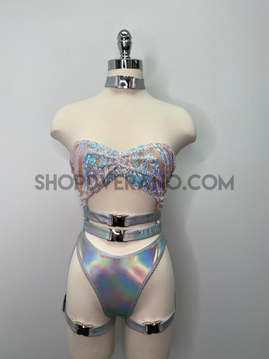 Holographic Rave Set, Holographic Swimsuit, Festival Costume, Rave Outfit, Sequins Holographic Outfit, Sequins Swimsuit