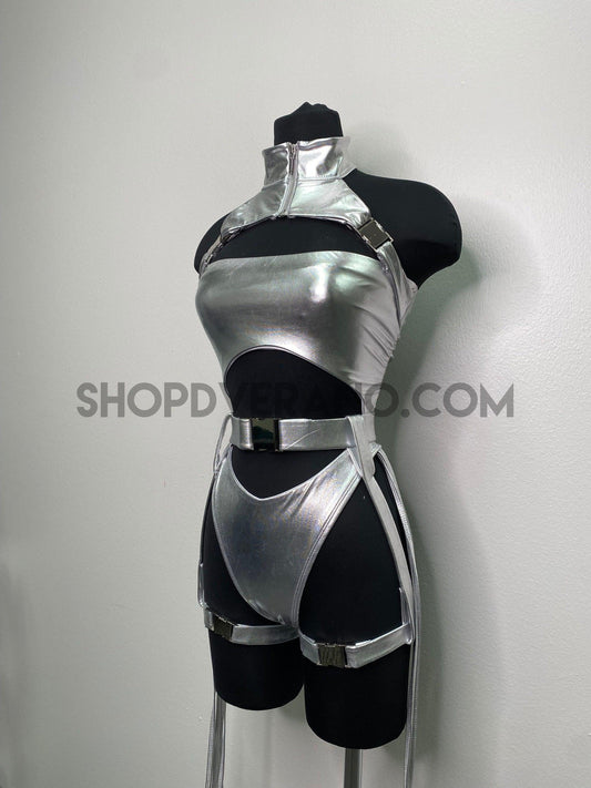 Disfraz de rave, atuendo de rave, mono plateado, traje de baño plateado, atuendo de festival, mono de rave, ropa de rave, hebillas de traje de baño de rave
